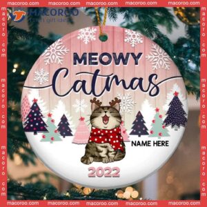 Personalised Meowy Catmas Pink Faded Circle Ceramic Ornament, Personalized Cat Lovers Decorative Christmas Ornament