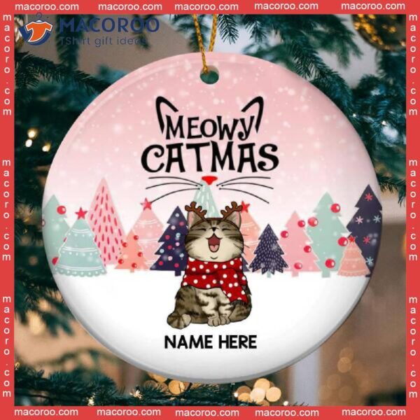 Personalised Meowy Catmas Pinktone Circle Ceramic Ornament, Personalized Cat Lovers Decorative Christmas Ornament