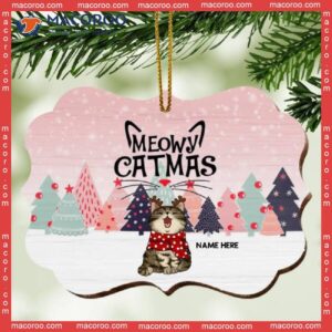 Personalised Meowy Catmas Pinktone Ornate Shaped Wooden Ornament, Personalized Cat Lovers Decorative Christmas Ornament