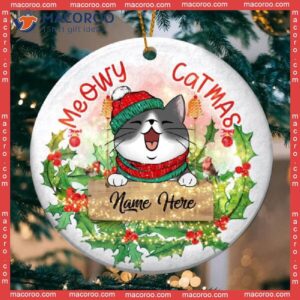 Personalised Meowy Catmas Red Berries Circle Ceramic Ornament, Personalized Cat Lovers Decorative Christmas Ornament