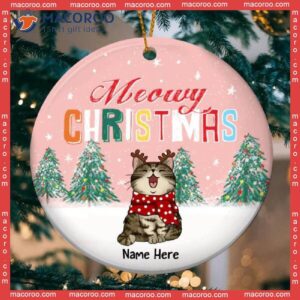 Personalised Meowy Christmas Pinky Circle Ceramic Ornament, Personalized Cat Lovers Decorative Ornament
