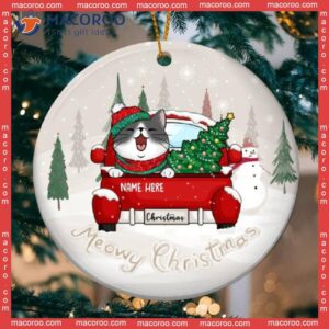Personalised Meowy Christmas Red Truck Circle Ceramic Ornament, Personalized Cat Lovers Decorative Ornament