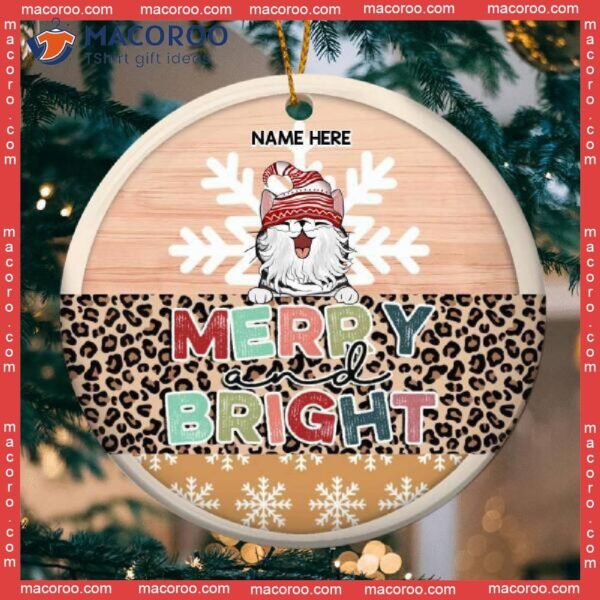 Personalised Merry And Bright Leopard Circle Ceramic Ornament, Personalized Cat Lovers Decorative Christmas Ornament