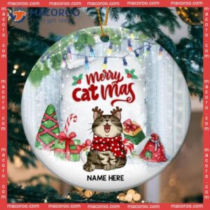 Personalised Merry Catmas Silver Circle Ceramic Ornament, Personalized Cat Lovers Decorative Christmas Ornament