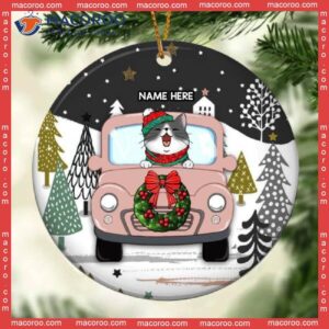 Personalised Merry Christmas Pink Truck Circle Ceramic Ornament, Personalized Cat Lovers Decorative Ornament