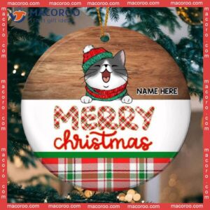 Personalised Merry Christmas Plaid Circle Ceramic Ornament, Personalized Cat Lovers Decorative Ornament