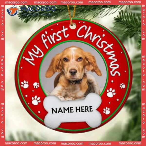 Personalised Merry First Christmas Circle Ceramic Ornament, Personalized Cat & Dog Lovers Decorative Ornament