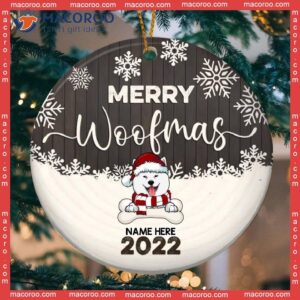 Personalised Merry Woofmas Brown Wooden Circle Ceramic Ornament, Personalized Dog Lovers Decorative Christmas Ornament