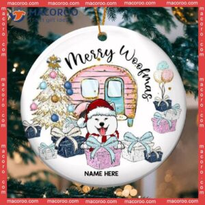 Personalised Merry Woofmas Gift White Circle Ceramic Ornament, Personalized Dog Lovers Decorative Christmas Ornament