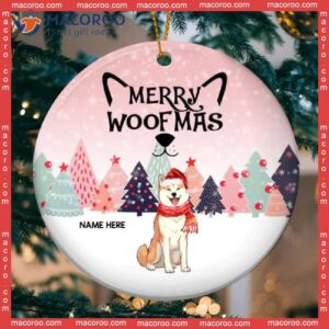 Personalised Merry Woofmas Pinktone Circle Ceramic Ornament, Personalized Dog Lovers Decorative Christmas Ornament