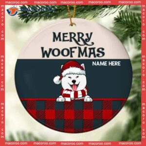Personalised Merry Woofmas Red Plaid Circle Ceramic Ornament, Personalized Dog Lovers Decorative Christmas Ornament