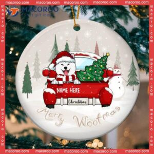 Personalised Merry Woofmas Red Truck Circle Ceramic Ornament, Personalized Dog Lovers Decorative Christmas Ornament