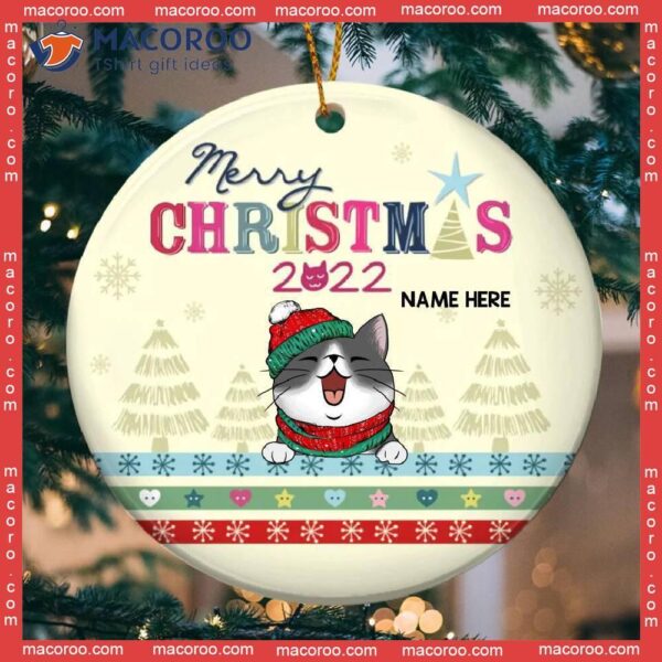 Personalised Merry Xmas 2022 Pale Yellow Circle Ceramic Ornament, Personalized Cat Lovers Decorative Christmas Ornament