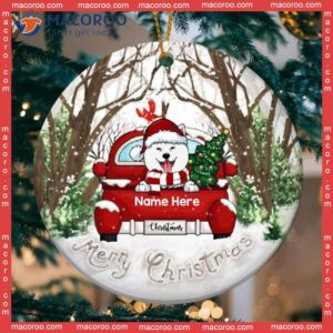 Personalised Merry Xmas Dogs On Red Car Circle Ceramic Ornament, Personalized Dog Lovers Decorative Christmas Ornament