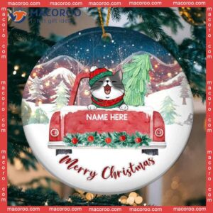 Personalised Merry Xmas Red Truck Circle Ceramic Ornament, Personalized Cat Lovers Decorative Christmas Ornament