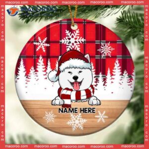 Personalised Peeking Dog Red Plaid Xmas Circle Ceramic Ornament, Personalized Lovers Decorative Christmas Ornament