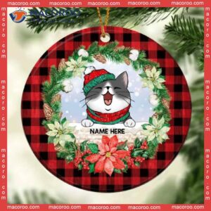 Personalised Red Plaid And Wreath Around Circle Ceramic Ornament, Personalized Cat Lovers Decorative Christmas Ornament