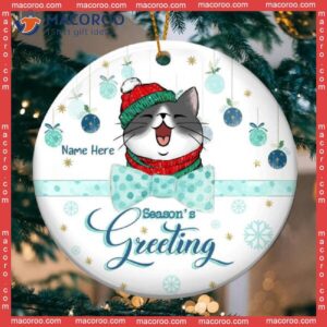 Personalised Season’s Greeting Mint Bow Circle Ceramic Ornament, Personalized Cat Lovers Decorative Christmas Ornament
