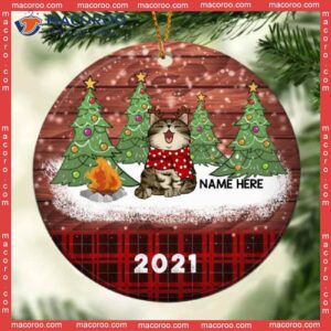 Personalised Snowy Xmas Cat Red Plaid Circle Ceramic Ornament, Personalized Lovers Decorative Christmas Ornament