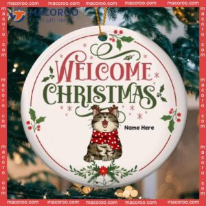 Personalised Welcome Xmas Light Pink Circle Ceramic Ornament, Personalized Cat Lovers Decorative Christmas Ornament