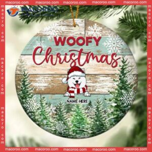 Personalised Woofy Christmas Old Wooden Circle Ceramic Ornament, Personalized Dog Lovers Decorative Ornament