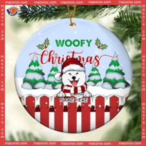Personalised Woofy Christmas Red Fence Circle Ceramic Ornament, Personalized Dog Lovers Decorative Ornament