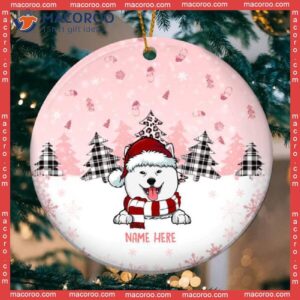 Personalised Xmas Dog Pinktone Circle Ceramic Ornament, Personalized Lovers Decorative Christmas Ornament