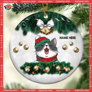 Personalised Xmas Pine Branch Decor Circle Ceramic Ornament, Personalized Cat Lovers Decorative Christmas Ornament