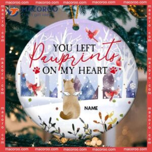 Personalized Angel Cat Decorative Christmas Ornament,you Left Pawprints On My Heart Circle Ceramic Ornament, Red Cardinal And Winter Forest