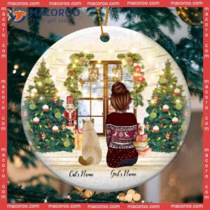 Personalized Cat Christmas Ornament, Backside Of Cats And Girl,snow Outside Window