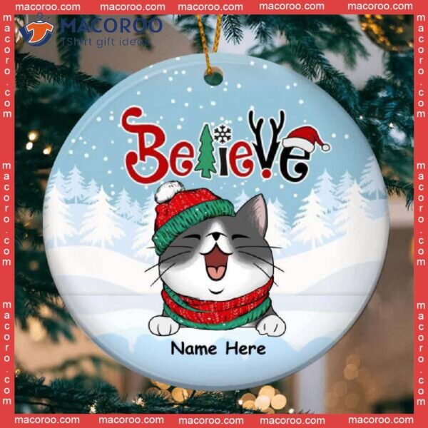 Personalized Cat Christmas Ornament, White Snow,believe, Blue Sky