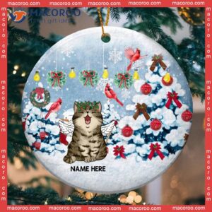 Personalized Cat Lovers Christmas Decorative Ornament,red Cardinal With Snow Pine Tree Circle Ceramic Ornament, Laughing Memorial Ornament 2022