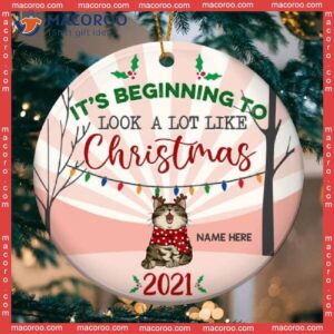 Personalized Cat Lovers Christmas Ornament,it’s Beginning To Look A Lot Like Pink Circle Ceramic Ornament