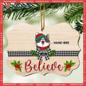 Personalized Cat Lovers Decorative Christmas Ornament,believe Plaid Bow Pale Wooden Ornate Shaped Ornament