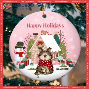 Personalized Cat Lovers Decorative Christmas Ornament,happy Holidays Candy House Pink Circle Ceramic Ornament