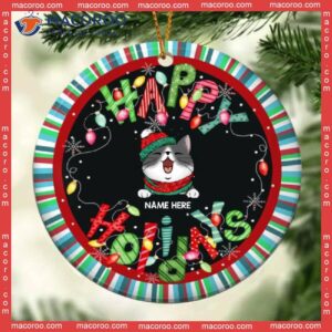 Personalized Cat Lovers Decorative Christmas Ornament,happy Holidays Colorful Stripes Around Circle Ceramic Ornament