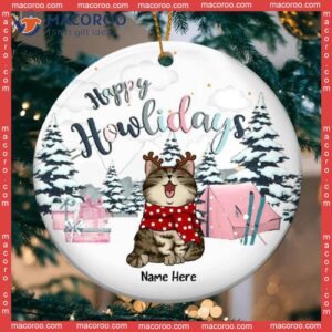 Personalized Cat Lovers Decorative Christmas Ornament,happy Holidays Pastel Pink Tent & Gifts Circle Ceramic Ornament