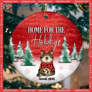 Personalized Cat Lovers Decorative Christmas Ornament,home For The Holidays Faded Red Wooden Circle Ceramic Ornament