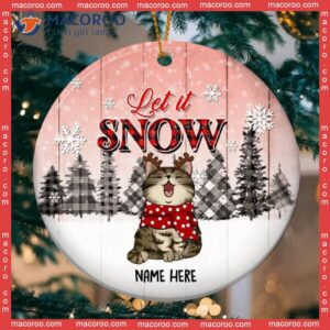 Personalized Cat Lovers Decorative Christmas Ornament,let It Snow Plaid Tree Pink Wooden Circle Ceramic Ornament