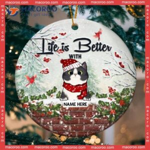 Personalized Cat Lovers Decorative Christmas Ornament,life Is Better With Cats Red Berries Circle Ceramic Ornament