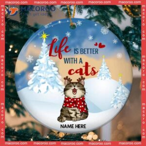 Personalized Cat Lovers Decorative Christmas Ornament,life Is Better With Cats Watercolor Circle Ceramic Ornament