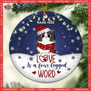 Personalized Cat Lovers Decorative Christmas Ornament,love Is A Four Legged Word White & Navy Circle Ceramic Ornament