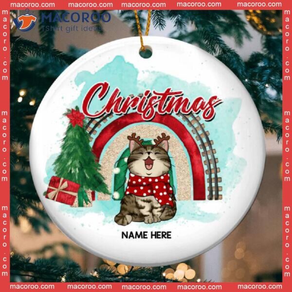 Personalized Cat Lovers Decorative Christmas Ornament,meowy Blue Watercolor In White Circle Ceramic Ornament