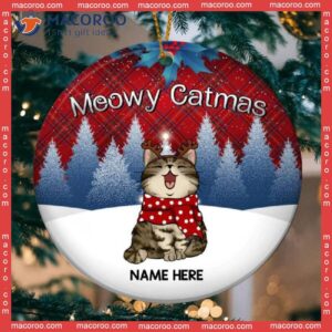 Personalized Cat Lovers Decorative Christmas Ornament,meowy Catmas Red Plaid Blue Tree Circle Ceramic Ornament