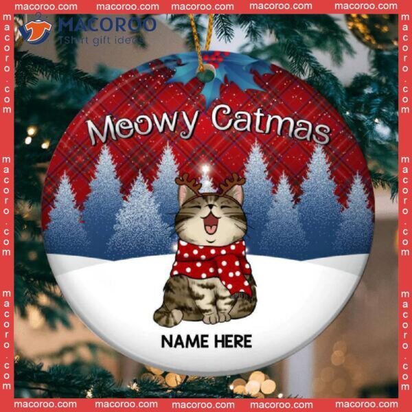 Personalized Cat Lovers Decorative Christmas Ornament,meowy Catmas Red Plaid Blue Tree Circle Ceramic Ornament