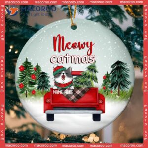 Personalized Cat Lovers Decorative Christmas Ornament,meowy Catmas Red Truck Mint Sky Circle Ceramic Ornament