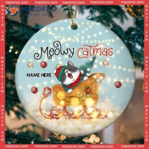 Personalized Cat Lovers Decorative Christmas Ornament,meowy Catmas Stanta’s Sleigh Lights Circle Ceramic Ornament