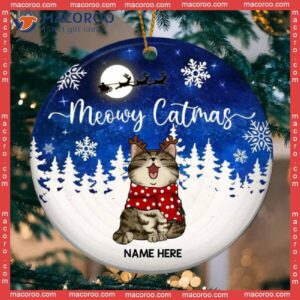 Personalized Cat Lovers Decorative Christmas Ornament,meowy Catmas White Pine Tree Blue Circle Ceramic Ornament