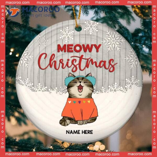 Personalized Cat Lovers Decorative Christmas Ornament,meowy Light Gray Wooden Circle Ceramic Ornament