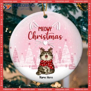 Personalized Cat Lovers Decorative Christmas Ornament,meowy Pink Snow Circle Ceramic Ornament